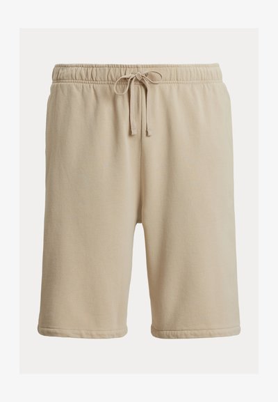 Beige bomullsshorts med elastisk midje og snøring, med glatt tekstur og oppbrettede kanter. Casual og komfortabel design.