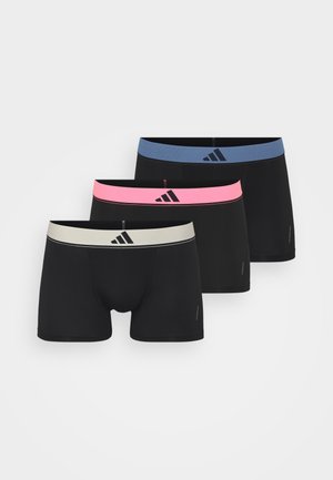 Schwarze Boxershorts mit kontrastierenden Bündchen: eines in Hellgrau, eines in Pink und eines in Hellblau. Mit Adidas-Logo auf jedem Bündchen.