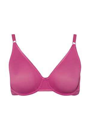 Pink bra with a smooth, textured finish. Soft, triangular cups and adjustable straps. Features seamless edges and subtle branding along the band.