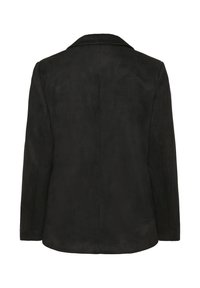 Čierny zamatový blazer s dlhým rukávom a zárezovým golierom, zobrazený zozadu na bielom pozadí.