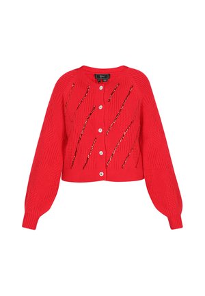 Red knitted cardigan featuring a cropped design, textured cable patterns, shiny embellishments, and six white buttons down the front.