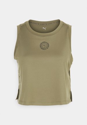 Olive green sleeveless crop top, made of smooth fabric, features a round neck, side slits, and a central logo print.