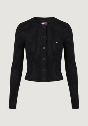 Cardigan noir en maille côtelée avec manches longues, boutonné à l'avant, col rond, et petit logo Tommy Hilfiger sur la poitrine gauche.