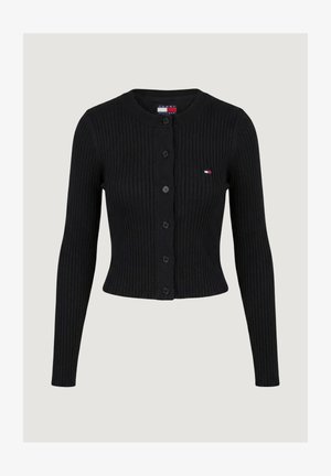 Cardigan noir en maille côtelée avec manches longues, boutonné à l'avant, col rond, et petit logo Tommy Hilfiger sur la poitrine gauche.