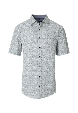 Short-sleeve button-up shirt in light blue with a floral pattern. Made of lightweight fabric, featuring a classic collar and front buttons.