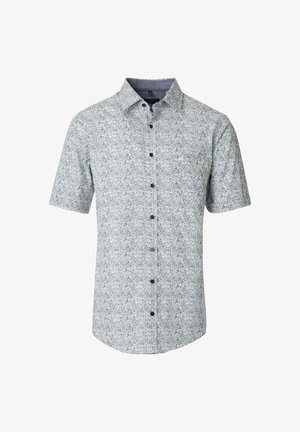 Kurzärmliges Hemd in Hellblau mit Blumenmuster. Hergestellt aus leichtem Stoff, mit klassischem Kragen und vorderer Knopfleiste.