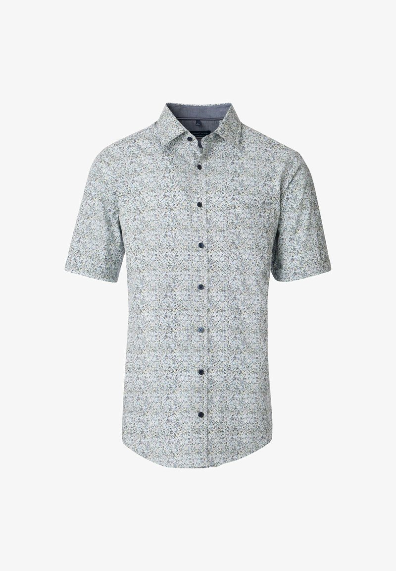 Short-sleeve button-up shirt in light blue with a floral pattern. Made of lightweight fabric, featuring a classic collar and front buttons.