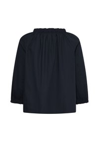 Blouse noire ample à manches longues avec encolure et poignets élastiques froncés, vue de dos sur fond blanc uni.
