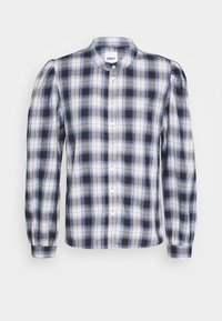 Camicia a quadri con bottoni in blu, bianco e nero. Presenta un colletto alto, maniche lunghe con dettagli a sbuffo e un tessuto morbido e leggero.