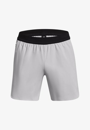 Helles graue Sportshorts mit einem elastischen schwarzen Bund, glatter Textur und einem lockeren Schnitt. Mit Logo an der Seite.