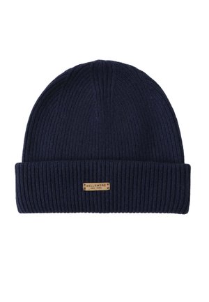 Marineblaue gerippte Strickmütze mit umgeschlagenem Saum und einem kleinen braunen Lederetikett, auf dem "BELLEMERE NEW YORK" geprägt ist.