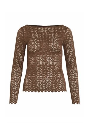 Bruine lange mouwen kanttop met een gestructureerd patroon, golvende zoom en een off-the-shoulder halslijn. Lichtgewicht en doorzichtig ontwerp.