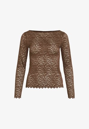 Top in pizzo marrone a maniche lunghe con un motivo testurizzato, orlo scallop e scollatura off-the-shoulder. Design leggero e trasparente.