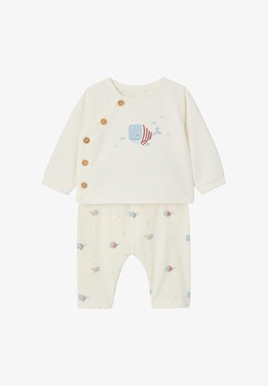 Cream-colored baby outfit with long sleeves, side wooden buttons, and whale and small fish patterns on top and pants.