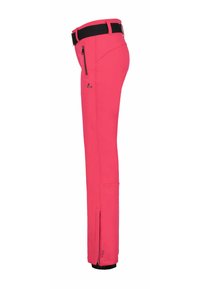 Pink ski pants with a fitted design, featuring a black waistband, zippered side pockets, and ankle zippers for adjustable fit.