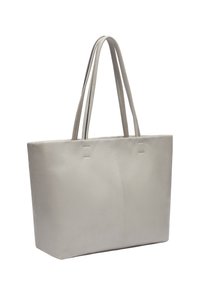 Graue Leder-Tote-Tasche mit zwei langen Schulterriemen, rechteckiger Form, glatter Textur, subtiler Naht und minimalistischer Design.