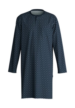 Tunica a maniche lunghe blu navy con colletto piccolo, chiusura a bottoni, tasca frontale e motivo a rombi bianchi.