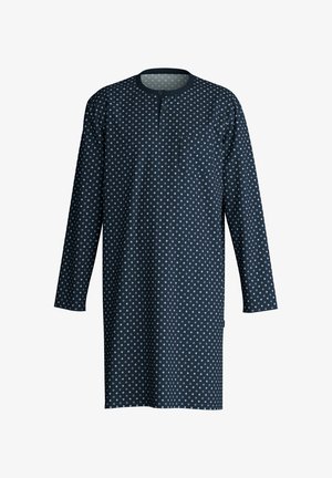 Navy blue long-sleeve tunic featuring a small collar, button closure, front pocket, and white diamond pattern throughout.