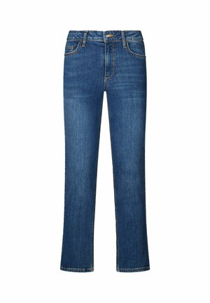 Jeans en denim bleu foncé avec une coupe droite, comportant cinq poches, une fermeture éclair et bouton, et des coutures contrastées le long des coutures.