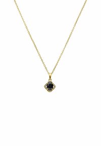 Collier en or avec un pendentif en pierre noire octogonale entouré de petites gemmes transparentes, suspendu à une délicate chaîne en or.