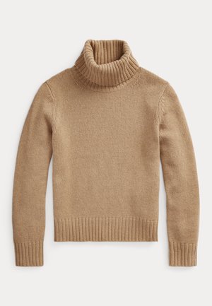 Suéter de gola alta na cor camelo, feito de um material de malha texturizado. Apresenta colarinho e punhos canelados, com um design simples e ajustado.