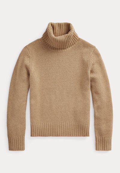 Coltrui in camelkleur, gemaakt van een gestructureerd breimateriaal. Voorzien van een geribde kraag en manchetten, met een eenvoudig, aansluitend ontwerp.