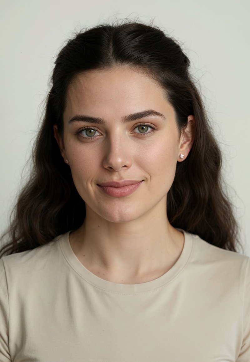 Porträtt av en person med långt, vågigt mörkt hår, iklädd en ljus beige skjorta. Huden har en jämn textur med naturlig sminkning. Små örhängen synliga.