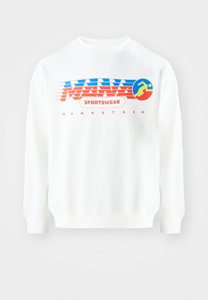 White sweatshirt with red and blue graphic design. Features the text "SPORTSWEAR" and a circular icon of a running figure. Classic fit, long sleeves.