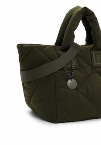 Olive green quilted tote bag with dual fabric handles and a detachable strap, featuring a silver chain accent and a round logo tag.
