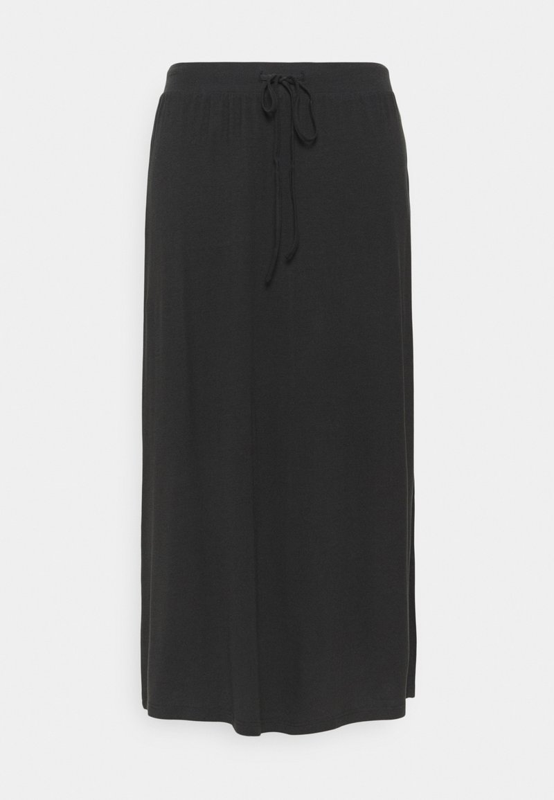 Black, knee-length skirt made of soft, lightweight fabric. Features an elastic waistband with a drawstring for adjustable fit and side slits.