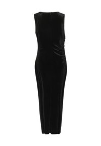 Abito lungo senza maniche in velluto nero con dettaglio arricciato su un lato e chiusura con zip sul retro.