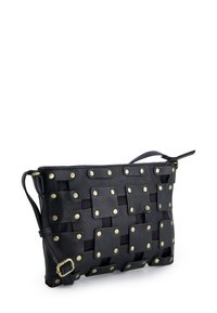 Black leather clutch with woven design, featuring square accents and metallic studs. Includes an adjustable strap for versatility.