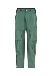 Pantalons cargo verts, légers, avec une coupe fuselée, plusieurs poches et des ouvertures zippées sur les jambes. Fabriqués en tissu durable et respirant.