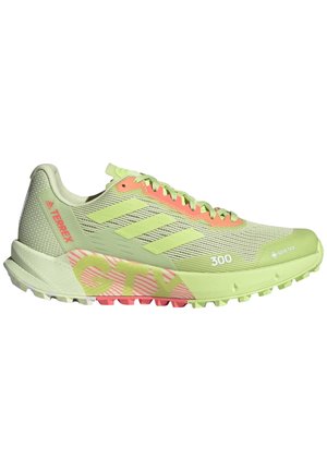 Chaussure de trail Adidas Terrex vert clair avec accents roses, dessus en mesh, semelle robuste et étiquette Gore-Tex sur le côté.