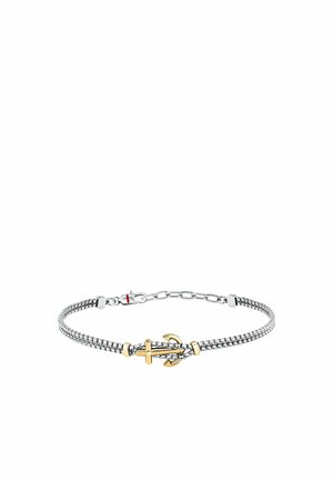 Bracciale a catena in argento con charm ancora e croce in oro al centro, con chiusura a moschettone e catenina allungatrice.