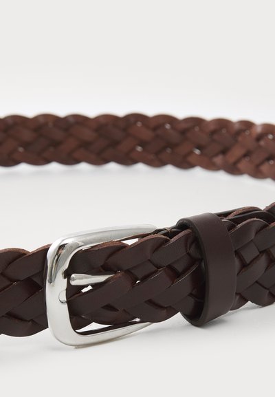 Brown leather braided belt with a silver metal buckle, featuring a smooth texture and a loop to secure the end of the belt.