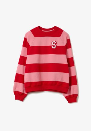 Rot- und rosa gestreifter Sweatshirt mit Rundhalsausschnitt, gerippten Bündchen und Saum. Mit einem gestickten "S" auf der Brust. Weiche Stofftextur.