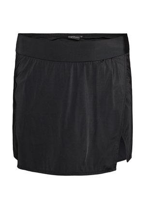 Čierna športová sukňa so širokým pásom a bočným štrbinou, vyrobená z hladkej, ľahkej látky.