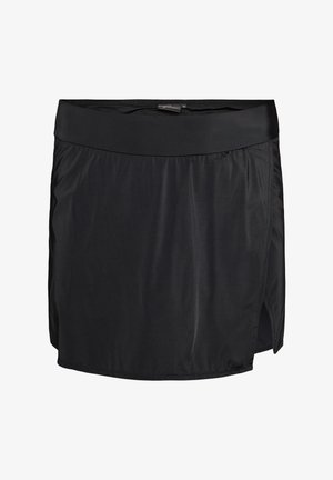 Schwarzer sportlicher Rock mit breitem Bund und seitlichem Schlitz, hergestellt aus glattem, leichtem Stoff.