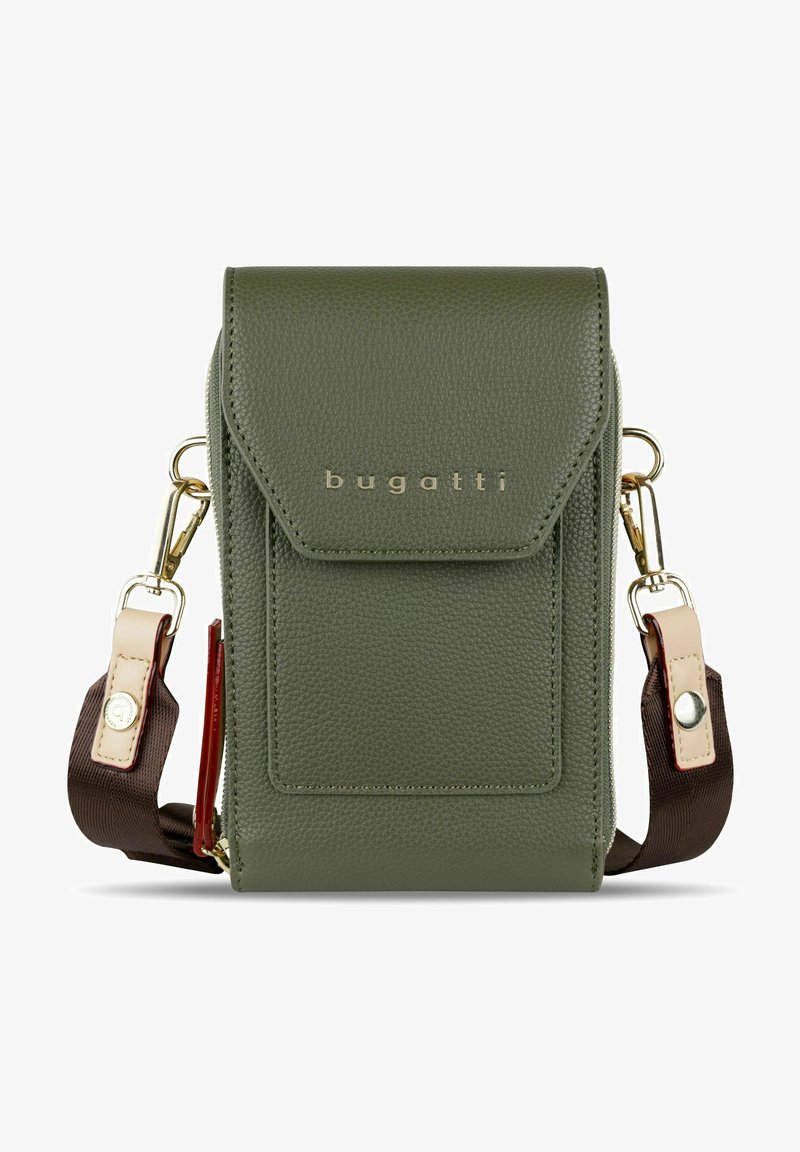 Green leather bag with textured finish, flap closure, gold logo, detachable strap in brown fabric and beige accents, zippered compartment on side.