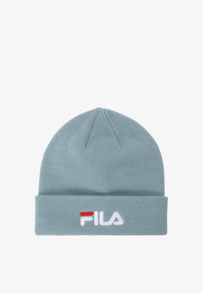 Berretto di lana blu con risvolto. Presenta il logo bianco "FILA" con un accento rosso sul davanti. Tessuto morbido e design aderente.