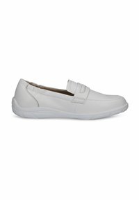 Bílé kožené slip-on boty s kulatou špičkou, elastickými detaily na nártu a texturovanou gumovou podrážkou.