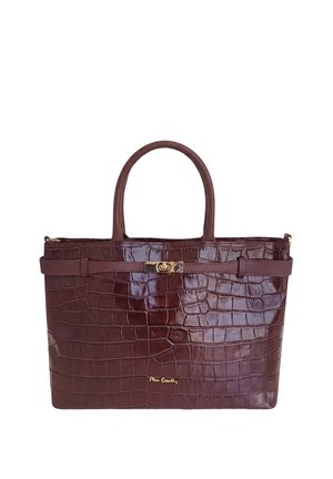 Borsa in pelle con texture a coccodrillo marrone scuro, con due manici, chiusura dorata e piccolo logo del marchio dorato sul davanti.