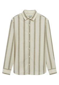 Overhemdd in beige met verticale olijfgroene strepen. Voorzien van een klassieke kraag, lange mouwen en witte knopen. Gladde stoftextuur.