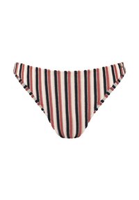Bas de bikini rayé en rouge, noir et crème. Tissu doux avec des bords élastiques et un design taille haute. Présente des rayures verticales de largeurs variées.