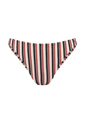 Gestreepte bikini onderkant in rood, zwart en crème. Zachte stof met elastische randen en een hoog uitgesneden ontwerp. Heeft verticale strepen in verschillende breedtes.