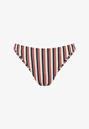 Gestreepte bikini onderkant in rood, zwart en crème. Zachte stof met elastische randen en een hoog uitgesneden ontwerp. Heeft verticale strepen in verschillende breedtes.