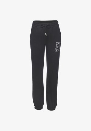 Zwarte sweatpants met een elastische tailleband en boorden, koordsluiting aan de voorkant, zijzakken, en een witte "B MCR'89" opdruk op de linker dij.