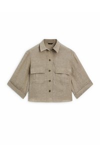 Afskåret, kortærmet skjorte i lysebeige lin med knaplukning foran, der har to brystlommer og op rullede ærmer. Medbringer brune knapper.