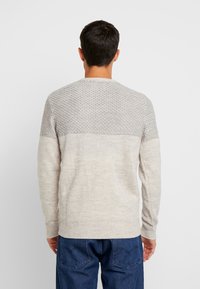 Maglione grigio chiaro con parte superiore in maglia testurizzata e parte inferiore liscia. Polsini e orlo a costine. Forma aderente con maniche lunghe.